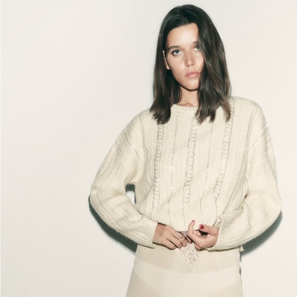 Zara Ecru Rhinestone Openwork Knit Sweater - Picture 14 of 17